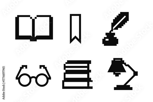 Pixel icons of books, bookmark, quill, glasses, and lamp for retro digital designs