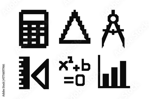 Retro pixel art mathematics set with calculator, ruler, and chart
