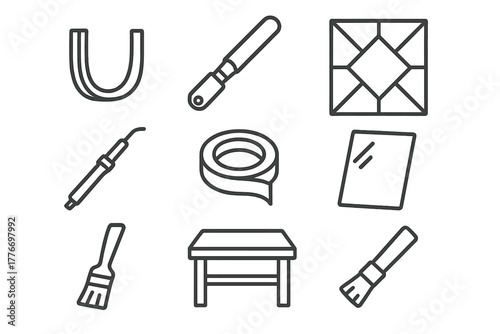 Stained Glass Tools Icons. Line style icons of Stained Glass Workshop: Lead Channel, Glass Cutter, Pattern, Soldering Iron, Copper