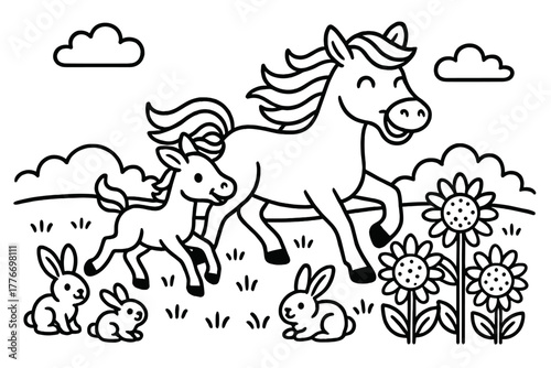 Playful Horse and Foal. Joyful horse with her foal running through a field with rabbits, sunflowers, and clouds above, black and
