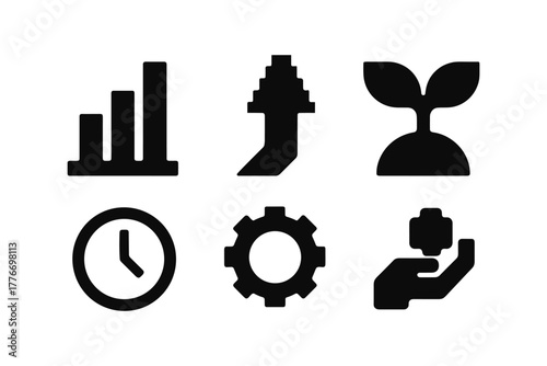 Silhouette icons of growth, time, and innovation: charts, rocket, seedling, clock, gear, puzzle