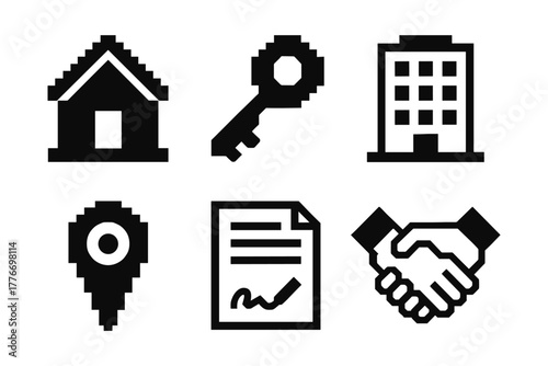 Minimalist black and white icons: home, key, building, map pin, document, handshake