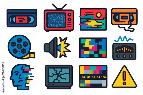 Distorted Media Icons. Flat vector icons of Distorted Media: warped VHS tape, static-filled TV, glitched photograph, corrupted