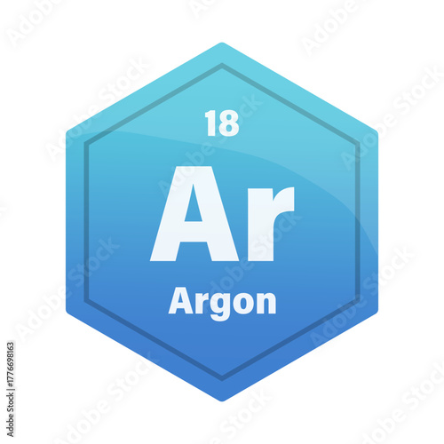 Argon chemical element tile. Atomic number 18. Ar chemical sign. Blue cyan Vector hexagon.