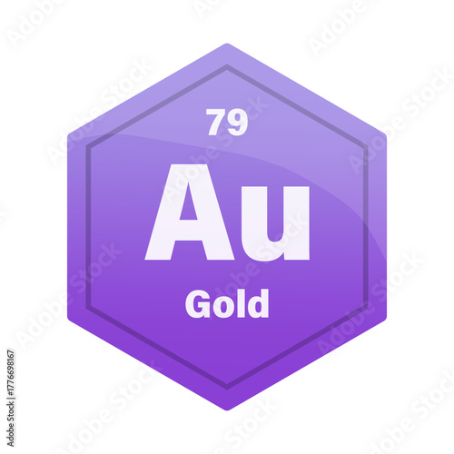 Gold chemical element tile. Atomic number 79. Au chemical sign. Royal purple Vector hexagon.