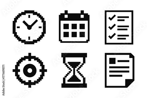 Pixel art icons: clock, calendar, task list, target, hourglass, document