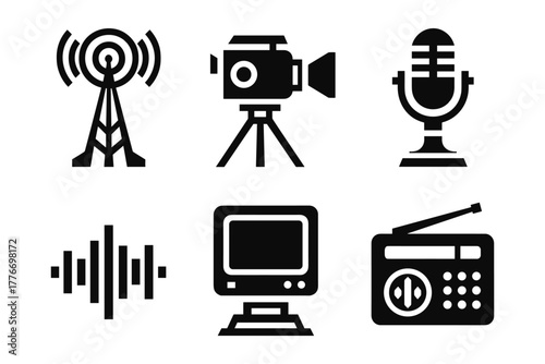 Silhouette media icons: antenna, camera, microphone, sound wave, monitor, radio