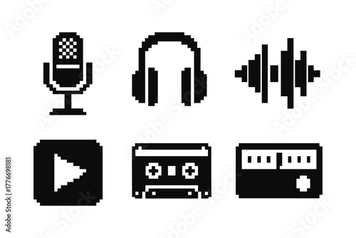 Retro pixel music icons set featuring microphone, headphones, and audio elements