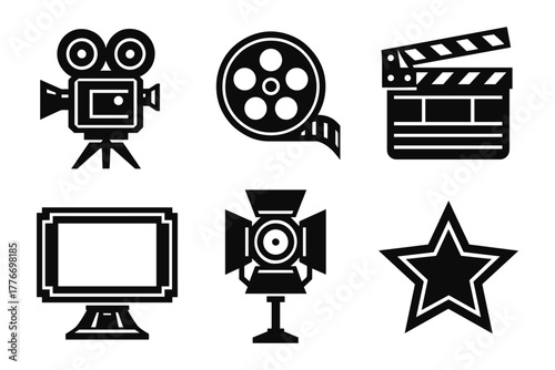 Classic cinema icons in black and white silhouette style featuring camera and clapperboard