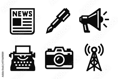 Vintage communication icons: newspaper, pen, megaphone, typewriter, camera, antenna