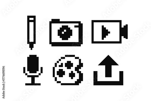 Retro pixel art icons of camera, video, microphone, pen, palette, and upload arrow