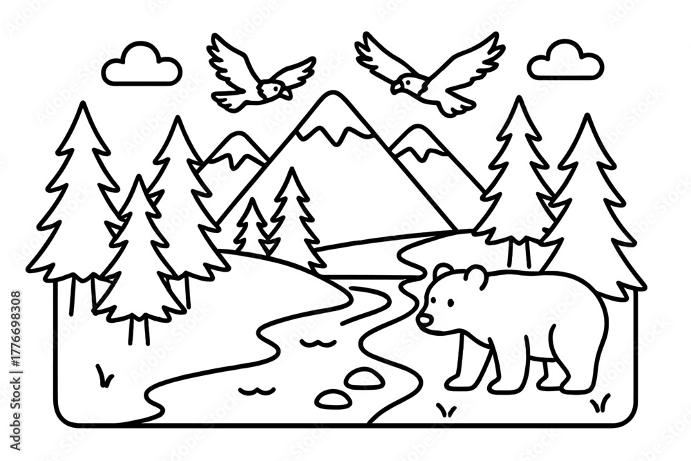 Fototapeta premium Bear by Mountain River. Mountain landscape with a river, pine trees, eagles flying, and a bear near the water, black and white