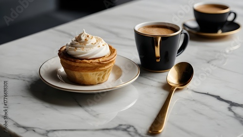 Flat white coffee paired with small pastry on marble surface, stylish golden spoon and napkin, 
