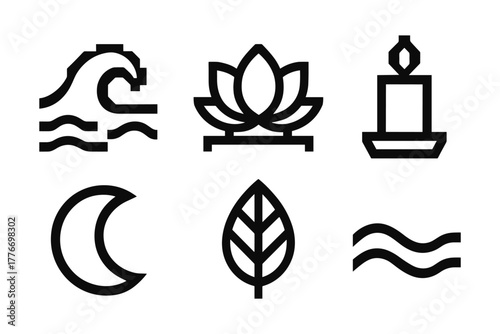 Minimalistic wellness symbols featuring wave, lotus, candle, moon, leaf, and water
