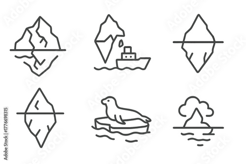Fractured Iceberg Icons. Line style icons of Fractured Iceberg: Cracked Ice, Calving, Tip, Ship, Underwater Mass, Seal, Mist,