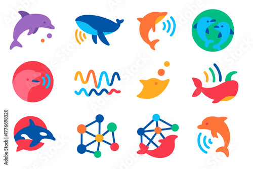 Marine Communication Icons. Flat vector icons of marine mammal communication: dolphin click, whale song, echolocation pulse, pod