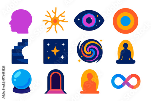 Consciousness Exploration Icons. Flat vector icons of Consciousness Exploration: brain silhouette, neuron spark, cosmic eye,