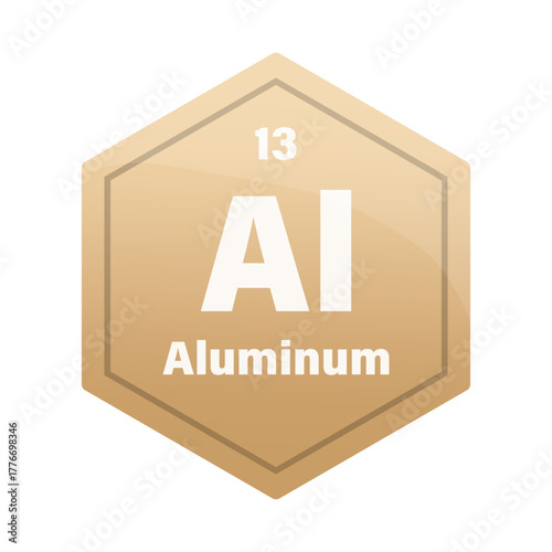 Aluminum chemical element tile. Atomic number thirteen. Al sign Vector icon. Brown gold gradient hexagon.