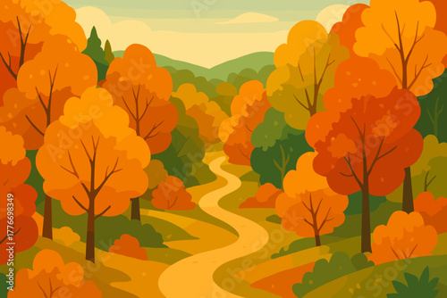 Autumn Forest Path. Scenic aerial vector illustration view of a winding forest path surrounded by vibrant autumn foliage, warm