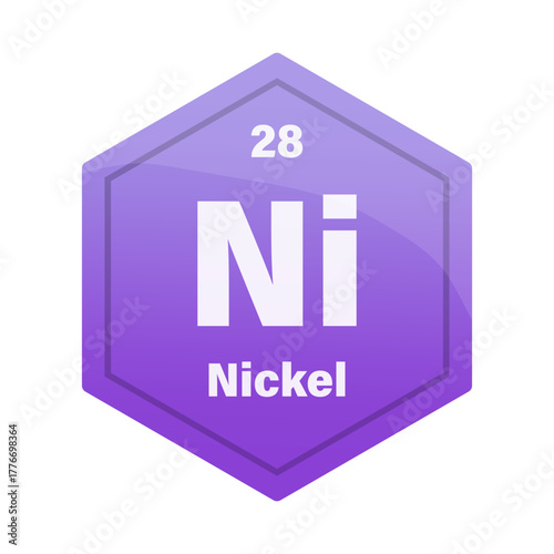 Nickel chemical element tile. Atomic number twenty eight. Ni sign Vector icon. Violet purple gradient hexagon.