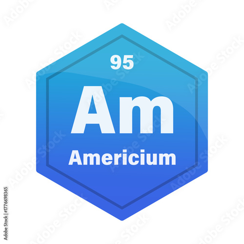 Americium chemical element tile. Atomic number ninety five. Am sign Vector icon. Dark blue gradient hexagon.