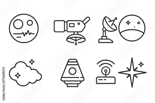 Space Probe Icons. Line style icons of Space Probe: Golden Record, Scientific Module, Antenna Dish, Planet Horizon, Cosmic Dust