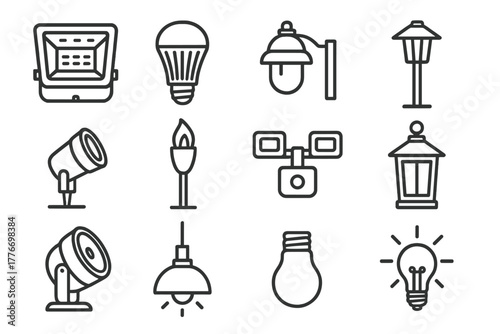 Outdoor Lighting Icons. Line style icons of outdoor lighting: floodlight, LED lamp, wall sconce, garden lamp; spotlight, torch