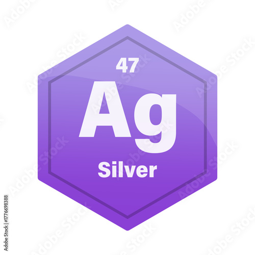 Silver chemical element tile. Atomic number forty seven. Ag sign Vector icon. Light purple gradient hexagon.