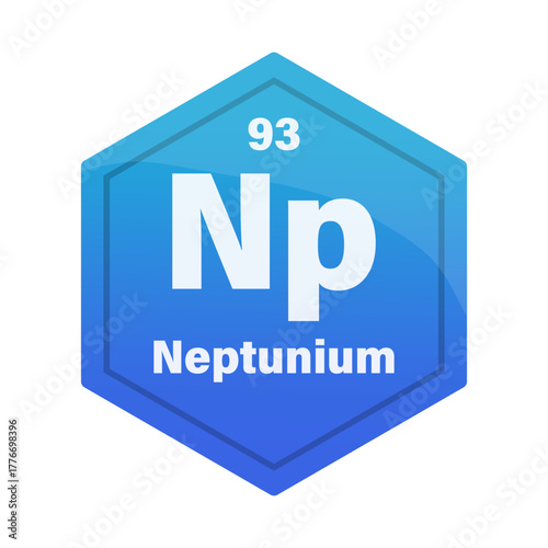 Neptunium chemical element tile. Atomic number ninety three. Np sign Vector icon. Bright blue gradient hexagon.