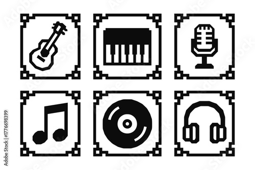 Retro music icons in pixel art style featuring instruments and audio equipment
