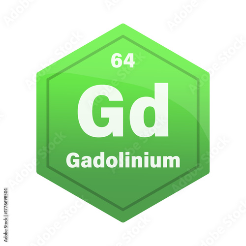 Gadolinium chemical element tile. Atomic number sixty four. Gd sign Vector icon. Bright green gradient hexagon.
