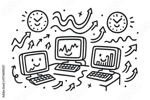 Cheerful Trading Doodles. Cute doodle financial trading floor with smiling computers, cheerful clocks on the wall, cartoon data