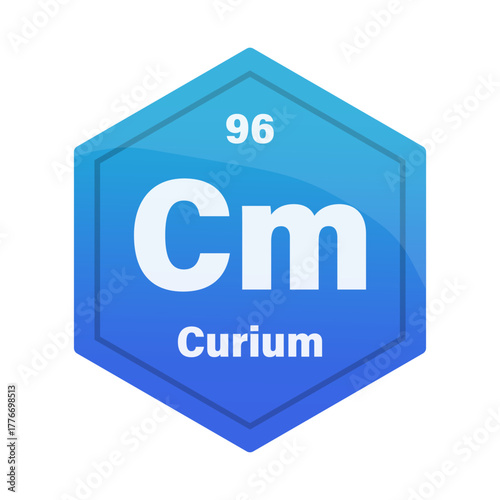 Curium chemical element tile. Atomic number ninety six. Cm sign Vector icon. Aqua blue gradient hexagon.