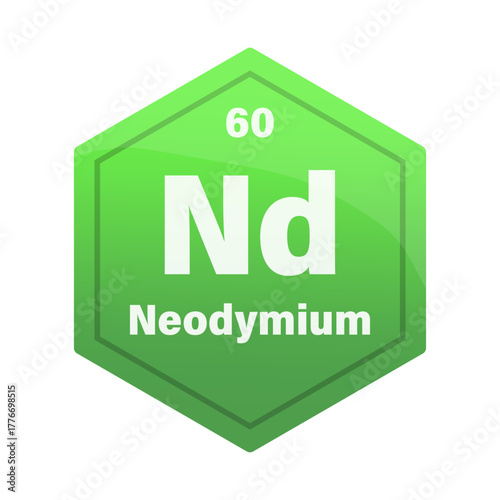 Neodymium chemical element tile. Atomic number sixty. Nd sign Vector icon. Bright green gradient hexagon