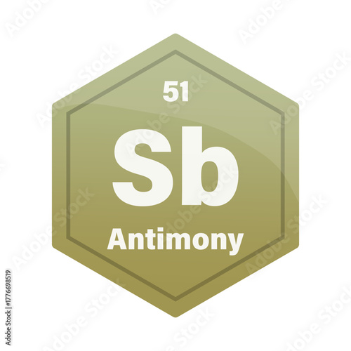 Antimony chemical element tile. Atomic number fifty one. Sb sign Vector icon. Gold olive gradient hexagon.