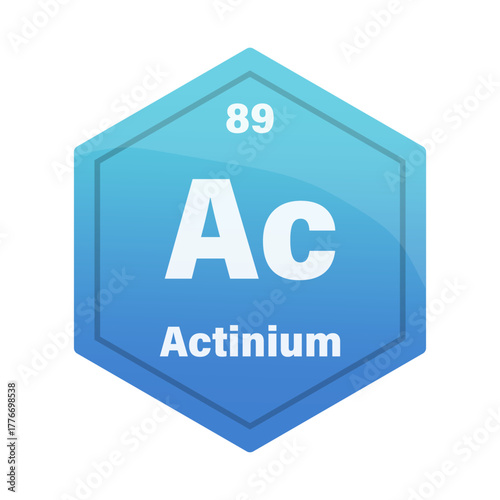 Actinium chemical element tile. Atomic number eighty nine. Ac sign Vector icon. Turquoise blue gradient hexagon.