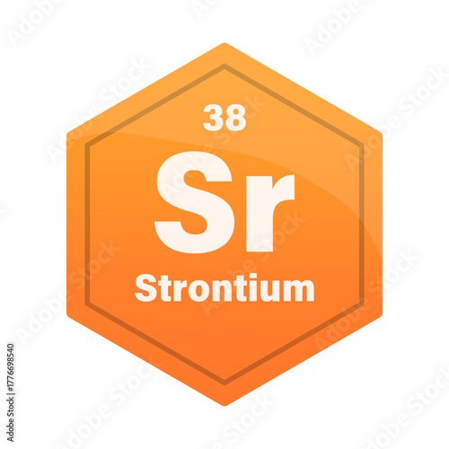 Strontium chemical element tile. Atomic number thirty eight. Sr sign Vector icon. Orange red gradient hexagon.