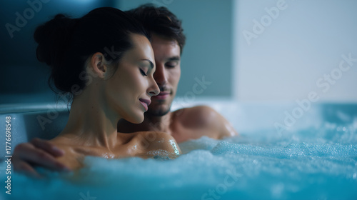 Couple relaxing together in a bubbling jacuzzi spa, romantic wellness atmosphere, warm water massage and steam, indoor luxury spa resort, calm mood, concept of relaxation and self-