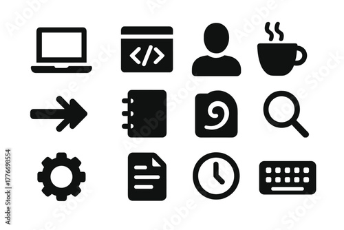 COBOL Icons Collection. Solid style icons of COBOL programmers and expertise: laptop, code window, human silhouette, coffee cup,