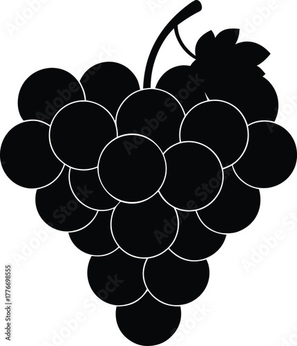 Grape Silhouette Vector Illustration Bunch of Fresh Grapes Fruit with Leaf Healthy Vegetarian Food Ingredient Black and White Isolated Symbol