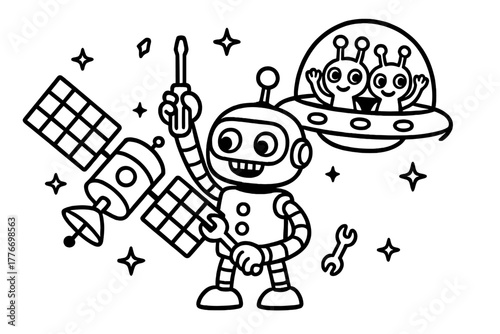 Robot Repairs Satellite. Funny repair robot fixing a satellite with tools while friendly aliens wave from a spaceship, black and