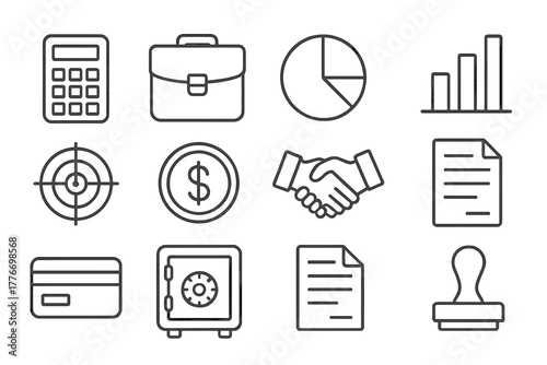 Business Tool Icons. Line style icons of business tools: calculator, briefcase, pie chart, bar graph; target board, dollar coin,