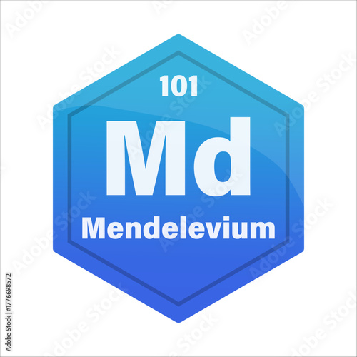 Mendelevium chemical element tile. Atomic number one hundred one. Md sign Vector icon. Bright blue gradient hexagon.