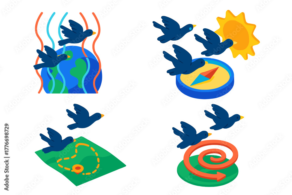 Fototapeta premium Vibrant Navigation Icons. Isometric vector illustration set Migratory Group Navigation: Magnetic field line, solar compass overlay