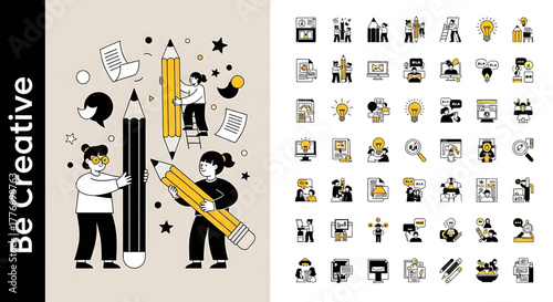 Creative concept vector illustrations showing design, art, and idea generation. Includes teamwork, brainstorming, and creative process elements for modern projects.