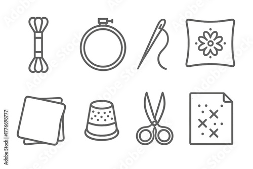Embroidery Line Icons. Line style icons of Embroidery: Floss, Hoop, Needle, Sampler, Fabric, Thimble, Embroidery Scissors, Pattern