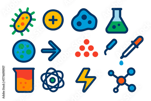 Biohydrometallurgy Icons Set. Flat vector icons of biohydrometallurgy concepts: bacterium, metal ion, ore rock, flask, Petri dish,