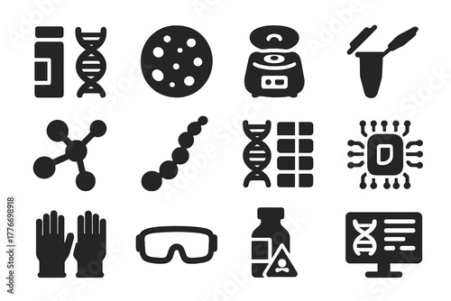 Biotech Research Icons. Solid style icons of biotechnology research: DNA extraction kit, bacterial culture plate, centrifuge