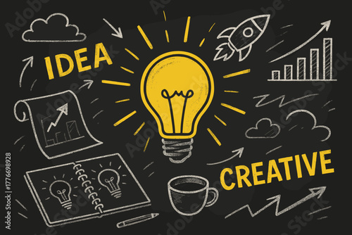 Innovative Workspace Sketch. Creative workspace vector illustration with dynamic sketches and lightbulb graphics on a dark