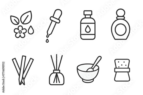 Perfumery Line Icons. Line style icons of Perfumery: Notes of Fragrance, Pipette, Essential Oil, Scent Bottle, Tester Strips,
